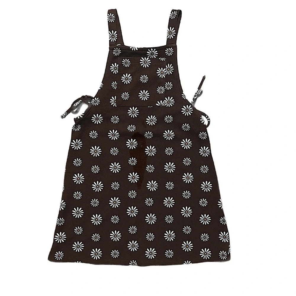 Girls brown white daisy print overall dress side ties